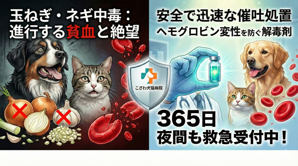 犬猫の玉ねぎ・ネギ中毒に対する緊急救命ガイド。国内で唯一、ヘモグロビンの変性と赤血球破壊を防ぐ特殊な解毒剤治療を提供。365日夜間も救急対応を行う、こざわ犬猫病院の専門医療を視覚化。