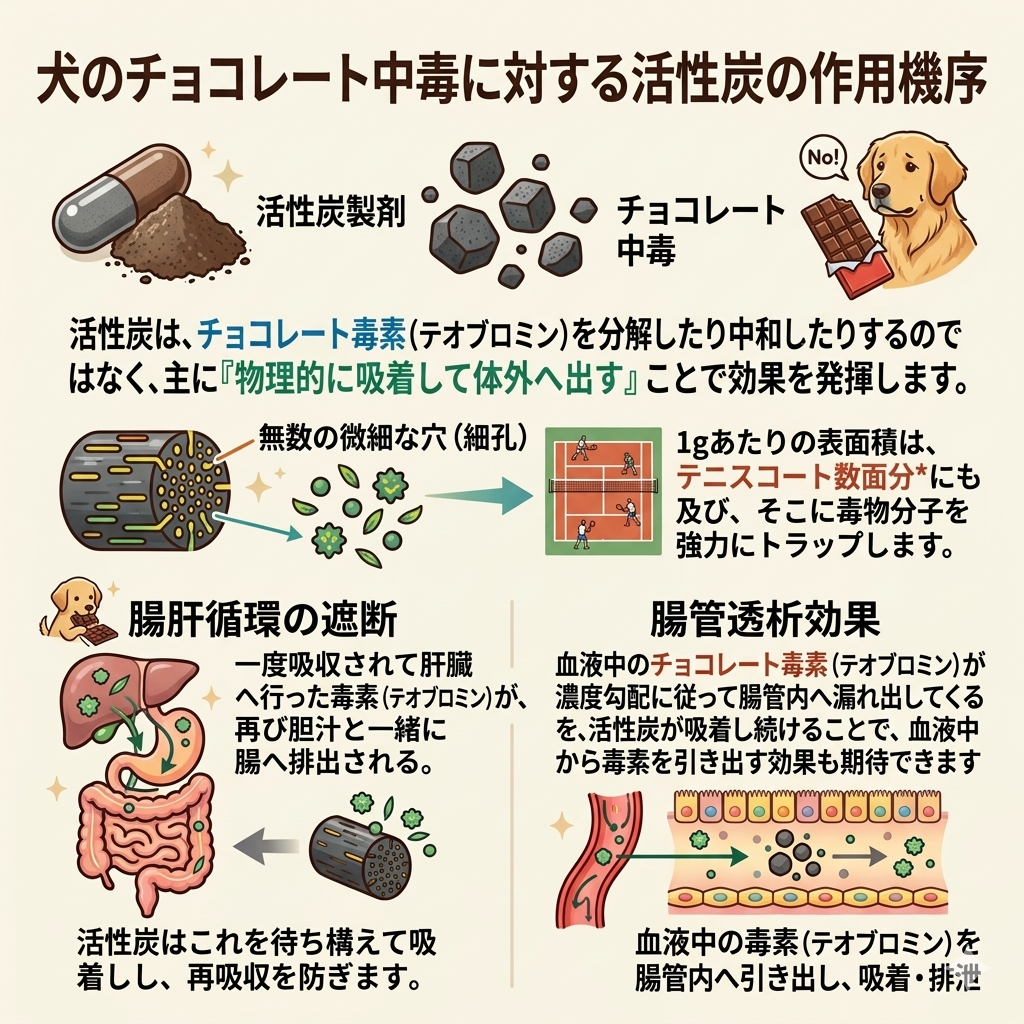 「犬のチョコレート中毒に対する活性炭の作用機序」と題されたインフォグラフィック。上部には、活性炭製剤のカプセルと粉末、チョコレート中毒の原因物質、そして「No!」という吹き出しのあるゴールデンレトリバーのイラストが配置され、活性炭は主に物理的に毒素を吸着して体外へ出すことが説明されている。中央では、無数の微細な穴を持つ活性炭の構造と、テニスコート数面分に匹敵する1gあたりの巨大な表面積が、毒素分子を強力にトラップする様子が図示されている。下部では、詳細な作用機序が2つのセクションに分かれている。左側は「腸肝循環の遮断」で、消化器系のイラストを用いて、腸から吸収され肝臓を経て再び腸に戻った毒素を活性炭が待ち構えて吸着・再吸収を防ぐ様子が示されている。右側は「腸管透析効果」で、血管と腸壁のイラストを用いて、濃度勾配により血液中から腸管内へ漏れ出た毒素を活性炭が吸着し、血液中からの毒素引き出し効果を示す様子が示されている。