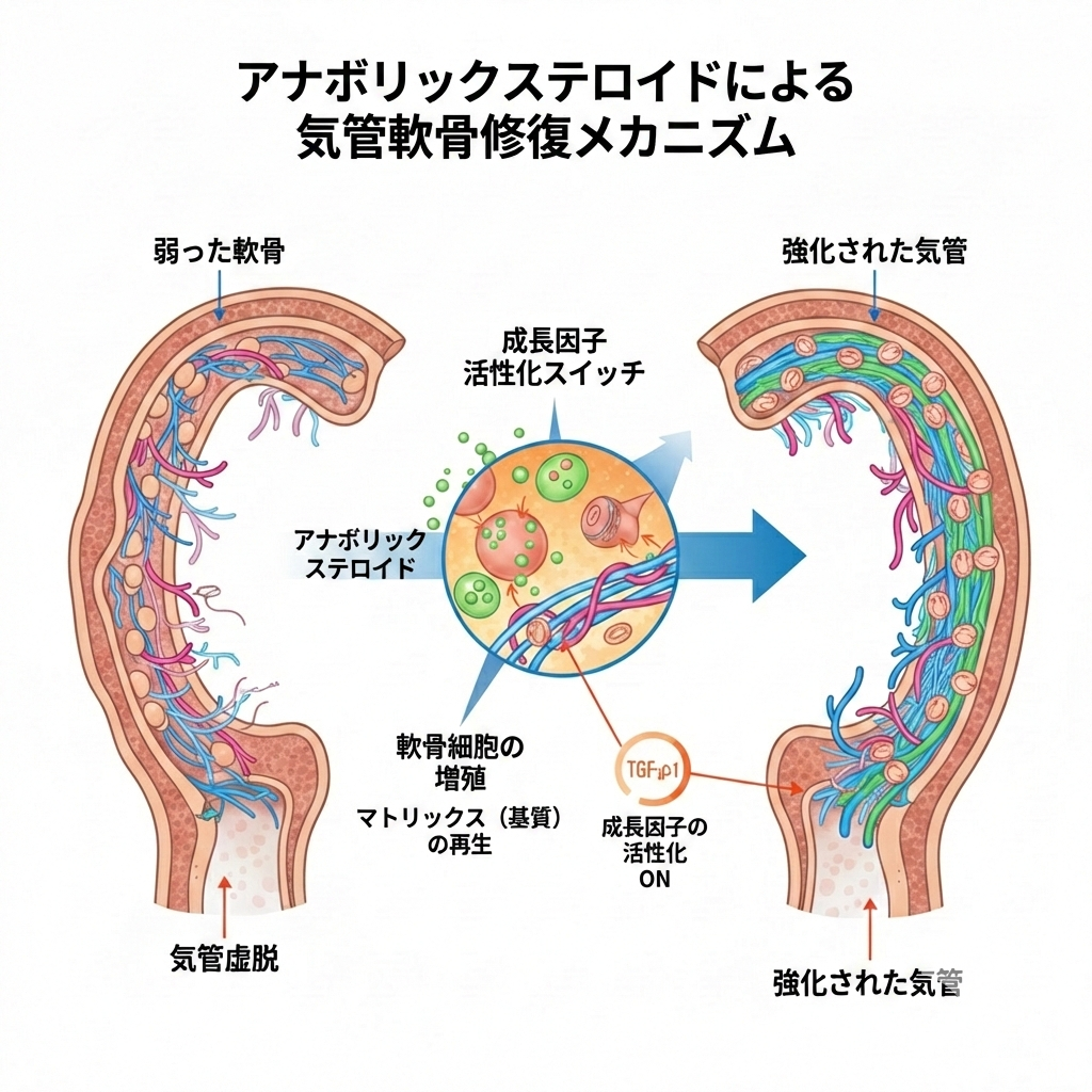 犬の気管虚脱におけるアナボリックステロイドの治療メカニズム解説図。成長因子TGF-β1の活性化により軟骨細胞が増殖し、弱った気管が修復・強化される過程を示しています。