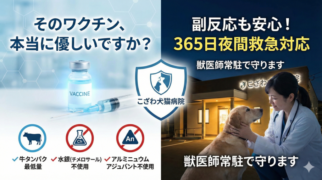 犬の混合ワクチン接種における安全性と救急体制の解説図。アレルギー原因となる牛タンパクを最低量に抑え、水銀（チメロサール）やアルミニウムアジュバントを使用しない低刺激ワクチンの特徴を紹介。副反応発生時も365日夜間救急で即座に対応する、こざわ犬猫病院の専門的な取り組みを可視化。