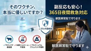 犬の混合ワクチン接種における安全性と救急体制の解説図。アレルギー原因となる牛タンパクを最低量に抑え、水銀（チメロサール）やアルミニウムアジュバントを使用しない低刺激ワクチンの特徴を紹介。副反応発生時も365日夜間救急で即座に対応する、こざわ犬猫病院の専門的な取り組みを可視化。