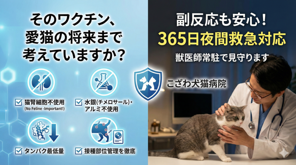 猫の混合ワクチンにおける安全性と肉腫リスク低減の取り組み。猫腎細胞不使用、水銀・アルミ不使用、タンパク最低量の高品質ワクチンを採用し、徹底した接種部位管理を実施。副反応時も365日夜間救急で獣医師が即座に対応する、こざわ犬猫病院の猫専用ワクチンプロトコル。
