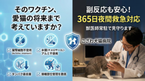 猫の混合ワクチンにおける安全性と肉腫リスク低減の取り組み。猫腎細胞不使用、水銀・アルミ不使用、タンパク最低量の高品質ワクチンを採用し、徹底した接種部位管理を実施。副反応時も365日夜間救急で獣医師が即座に対応する、こざわ犬猫病院の猫専用ワクチンプロトコル。