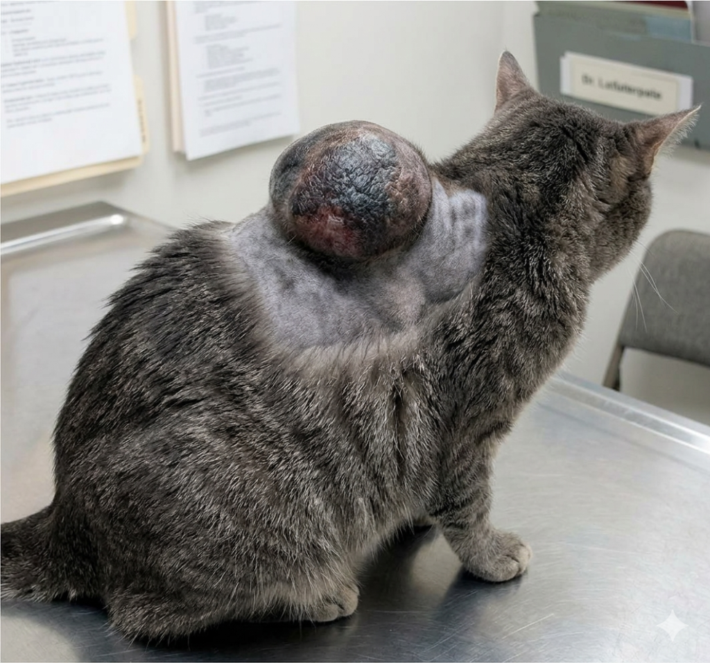 診察台にいるグレーの猫の背中（肩甲骨付近）に発生した、巨大な注射部位肉腫（FISS）の症例写真。ワクチンなどの注射が原因で発生する可能性のある進行の早い悪性のしこり（腫瘍）であり、安全なワクチン選びと接種部位の厳格な管理の重要性を示すための画像。