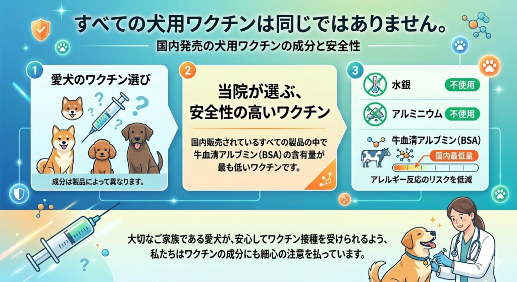 <img src="your-image-url.png" alt="すべての犬用ワクチンは同じではないことを説明し、当院が選ぶ安全性の高いワクチンの特徴を紹介するインフォグラフィックです。 【ヘッダー】タイトル：すべての犬用ワクチンは同じではありません。サブタイトル：国内発売の犬用ワクチンの成分と安全性。 【パネル1】「愛犬のワクチン選び」異なる犬種と注射器のイラスト。テキスト「成分は製品によって異なります。」 【パネル2】「当院が選ぶ、安全性の高いワクチン」テキスト「国内販売されているすべての製品の中で牛血清アルブミン（BSA）の含有量が最も低いワクチンです。」 【パネル3】成分と安全性の比較。リスト：水銀「不使用」、アルミニウム「不使用」、牛血清アルブミン（BSA）「国内最低量」（牛と分子のイラスト）。アレルギー反応のリスク低減を示すバーチャート。「アレルギー反応のリスクを低減」のテキスト。 【フッター】獣医師と犬のイラスト。メッセージ：大切なご家族である愛犬が、安心してワクチン接種を受けられるよう、私たちはワクチンの成分にも細心の注意を払っています。"> 