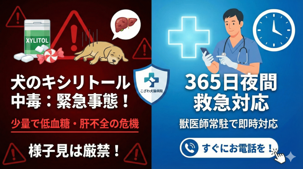 犬のキシリトール中毒による低血糖や肝不全の緊急性を伝えるアイキャッチ。ガムや飴の誤食による危険性と「様子見厳禁」の警告、そして365日夜間も獣医師が常駐して即時対応する、こざわ犬猫病院の救急体制を可視化したSEO特化型画像。