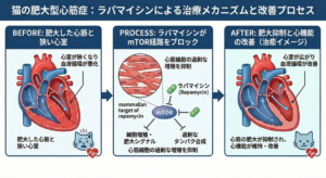 猫の肥大型心筋症に対する最新治療「ラパマイシン」のメカニズム図解。mTOR阻害作用により心筋の肥大を抑制し、心機能を維持するプロセスを視覚化。国内で唯一ラパマイシン処方を行う猫専門病院・こざわ犬猫病院による専門エビデンス資料。
