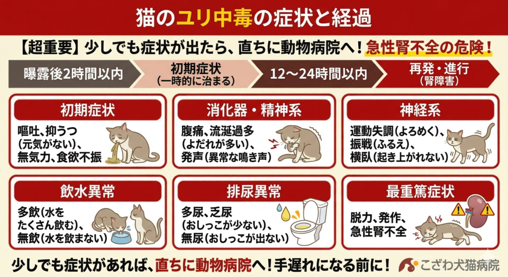 猫のユリ中毒による症状の進行タイムラインと具体的なチェックリスト。初期症状(嘔吐や無気力など)、消化器・神経症状(よだれや震えなど)、飲水・排尿異常(多飲や無尿など)、最重篤症状(発作や急性腎不全)を図解しています。