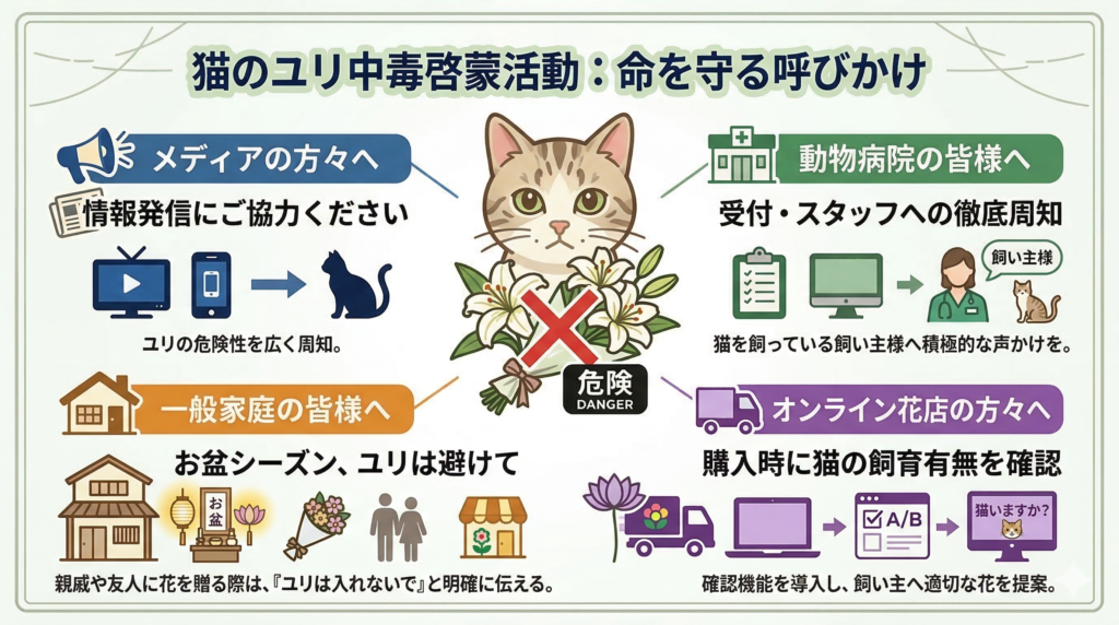 猫のユリ中毒の危険性と命を守るための啓発活動をまとめたインフォグラフィック。中央には「危険」と書かれたユリの花束と猫のイラスト。周囲に4つの具体的なアクションが記載されている。1. メディアの方々へ:テレビやスマートフォンを通じてユリの危険性を広く周知する情報発信の依頼。2. 一般家庭の皆様へ:お盆シーズンなどに花を贈る際、「ユリは入れないで」と明確に伝えることの推奨。3. 動物病院の皆様へ:受付やスタッフから、猫の飼い主へ向けた積極的な注意喚起の徹底。4. オンライン花店の方々へ:購入時のチェックボックスなどで猫の飼育有無を確認し、安全な花を提案する機能導入のお願い。社会全体で猫の誤食を防ぐための具体的な行動指針。