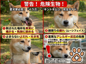 犬がイラガ(毛虫)の毒棘に刺された時の4つの危険な症状(患部を異常に痛がる・執拗に舐める、顔周りの腫れ・ムーンフェイス、止まらないよだれ・吐き気、重篤なアレルギー・アナフィラキシー反応)を解説した注意喚起画像