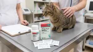 動物病院で猫白血病ウイルス（FeLV）感染症の治療に用いられる抗ウイルス薬「アイセントレス錠600mg」（ラルテグラビル）のボトルと外箱、および猫へ投与しやすいように粉状に小分けされた薬包（分包）