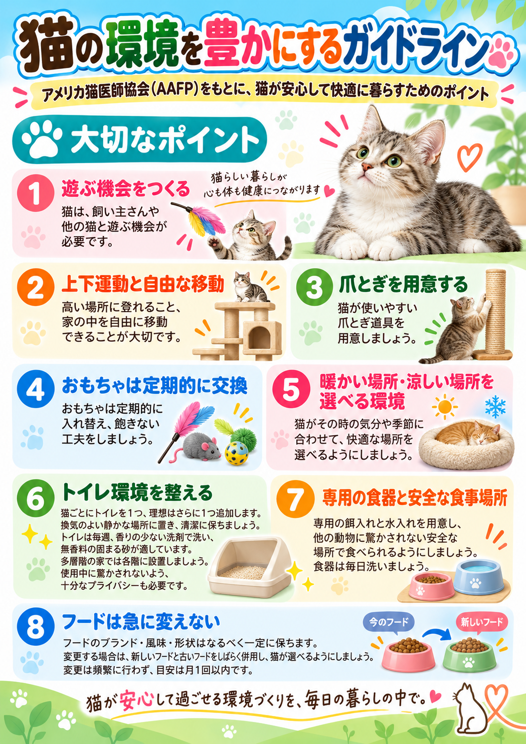 猫の環境エンリッチメントについて、遊び、上下運動、爪とぎ、トイレ、食事環境など猫が安心して暮らすためのポイントをまとめた案内